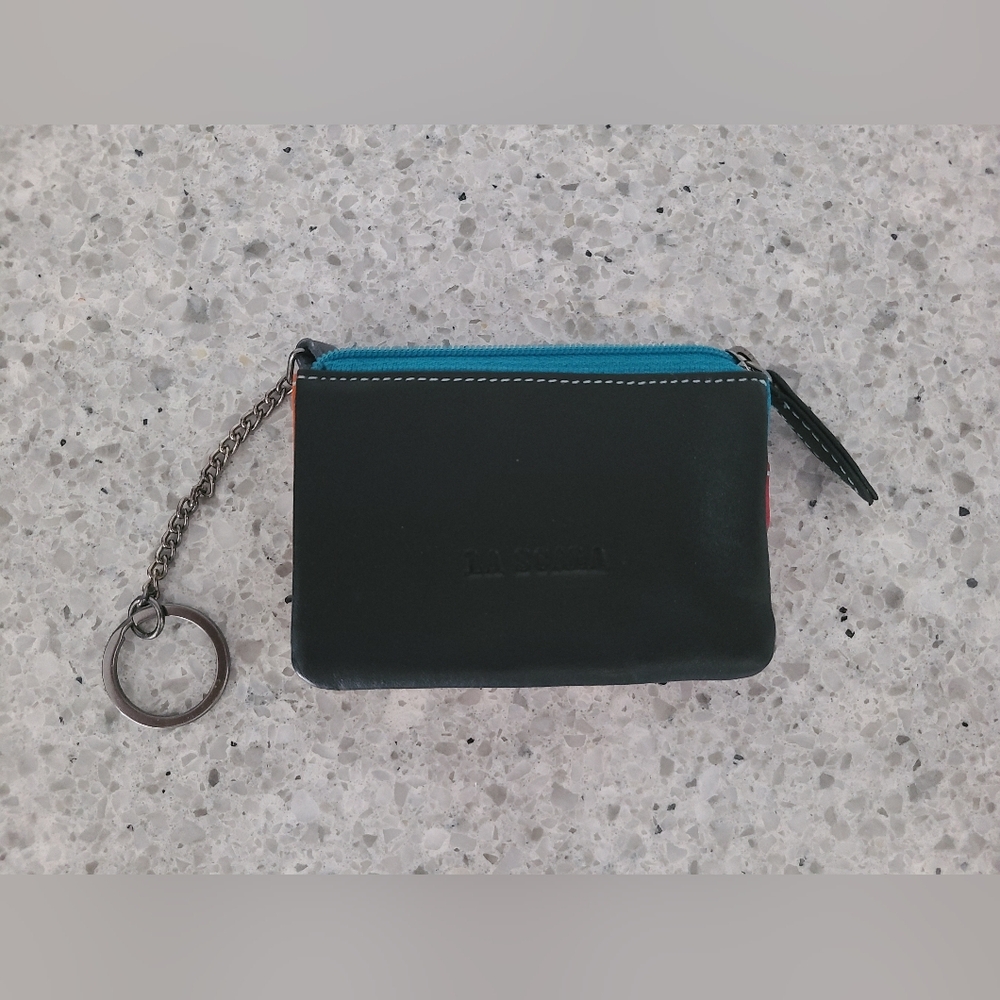 NEW La Scala Leather Coin and Card Holder Key Chain Multi-Colored
